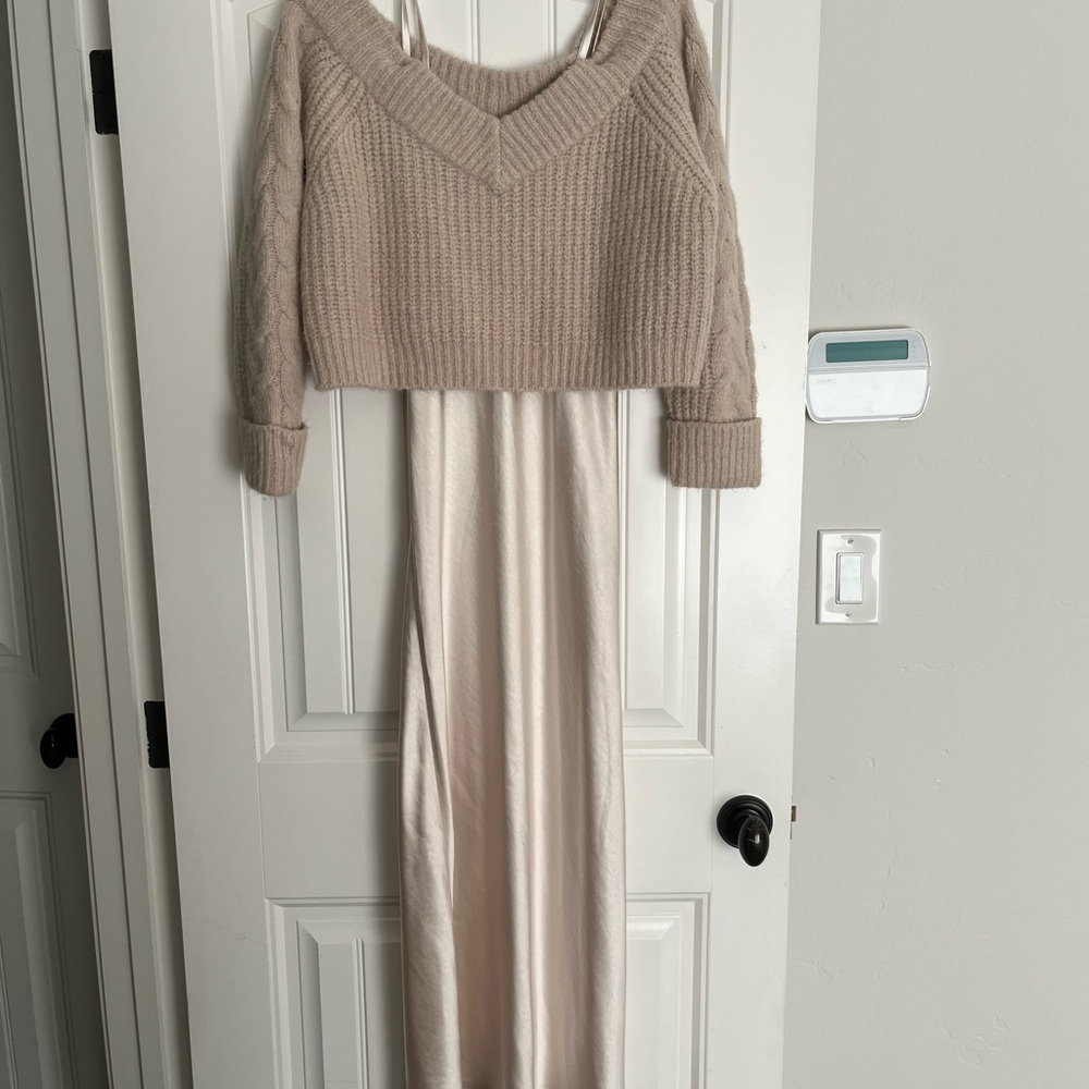 Anthropology champagne twofer slip sweater dress